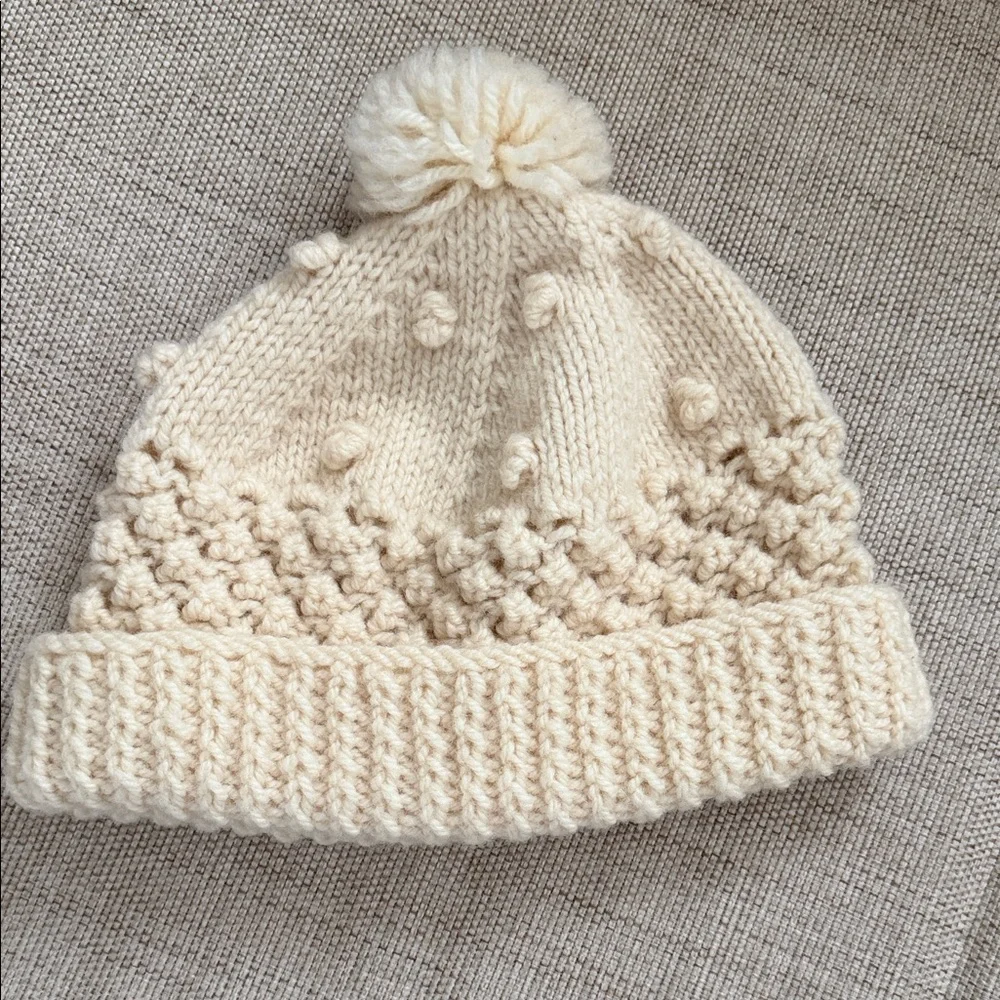 Vintage hand-knitted Kids beanie textured bubble stitch pom-pom Irish Wool?